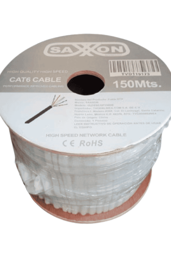 SAXXON OUTP6COP150NE - Bobina de Cable UTP Cat6 100% Cobre/ 150 Metros/ Uso Exterior/ Cubierta LDPE/ 4 Pares/ Soporta Pruebas de Rendimiento/ Cumple con Estandares ISO / IEC 11801 Ed2; EIA / TIA568B/ UL/ Ideal para Cableado de Redes y Video/